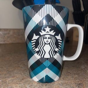 16oz Teal/black/white plaid starbucks mug